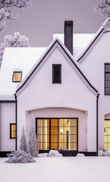 冬季傍晚的黑白现代都铎式房屋3d渲染图图片下载