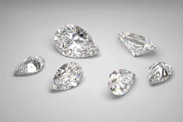 白色背景上不同大小的钻石的散射。梨。3 d渲染。图片下载