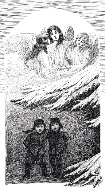 天上有三个天使，两个孩子在森林里散步图片下载