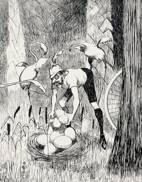 一个老掉牙的自行车手在丛林里找鸡蛋图片下载