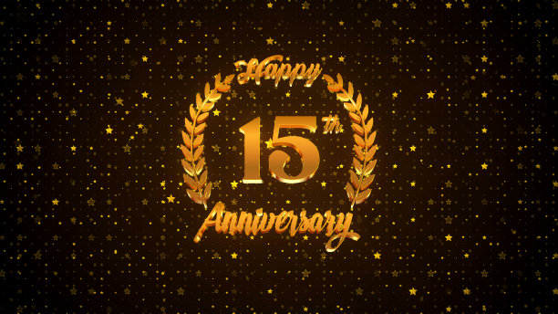 豪华金色闪亮快乐15周年标志上的金棕色星形粒子闪耀图案背景图片下载