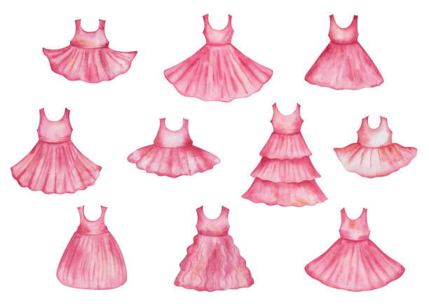 水彩插图集。手绘的粉色连衣裙、无袖t恤和蓬松的喇叭裙。女人的衣服。女孩的衣橱。女性服装。孤立的时尚剪贴艺术的商店横幅图片下载