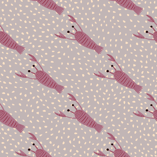 粉色龙虾印花无缝涂鸦图案。自然海洋背景与灰色虚线背景。图片下载