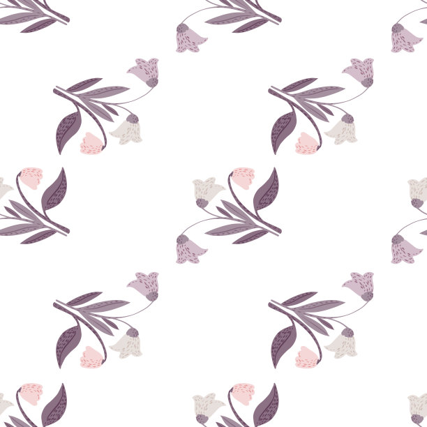 孤立无缝图案用淡紫色森林花花束点缀。在白色背景上涂鸦乡村植物元素。图片下载