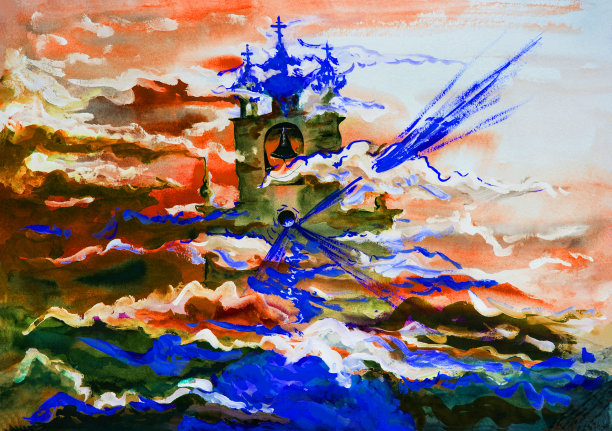 插图水彩画风景云领导的风穿过天空在夕阳对天空图片下载