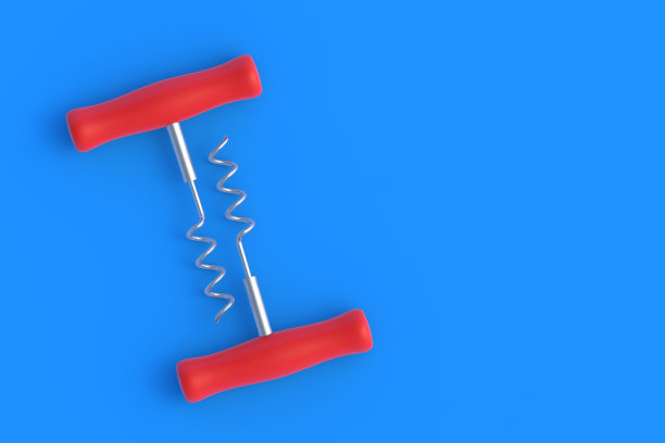 蓝色背景的酒瓶开瓶器。厨房用具。前视图。副本的空间。三维渲染图片下载