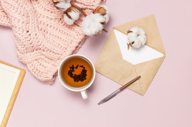 女性粉红色针织毛衣，棉花，一杯茶，打开空白笔记本，情书上粉彩粉红色的背景俯视平lay。女士冬天的衣服。棉花花。生活方式温和的女性背景图片下载