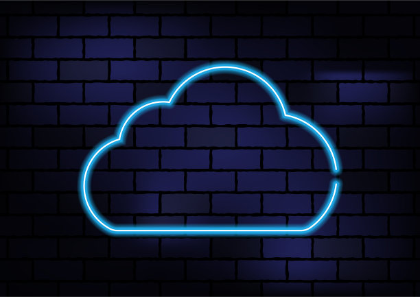 黑色砖墙上的云形蓝色霓虹灯图片下载