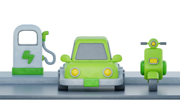 3d绿色电动车和滑板车，带充电座，清洁能源，环保替代能源，卡通风格，3d渲染。图片下载