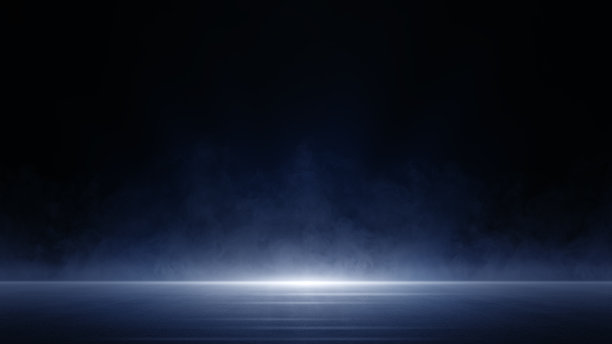舞台表演，深蓝色的背景，一个空旷的黑暗场景，激光束，霓虹灯，射灯反射在沥青地板上，一个烟雾缭绕的演播室，街道，城市的夜景图片下载