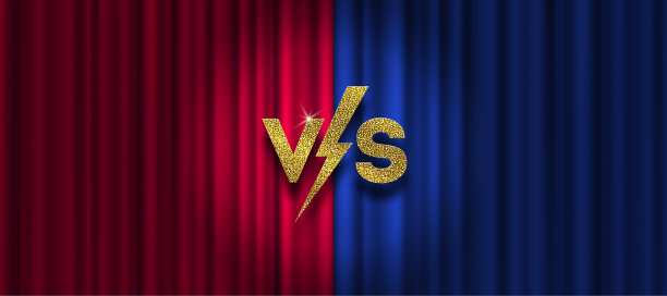 金色对标志的红色和蓝色窗帘图片下载