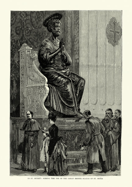 19世纪的罗马，朝圣者在圣彼得大教堂亲吻圣彼得铜像的脚趾图片下载