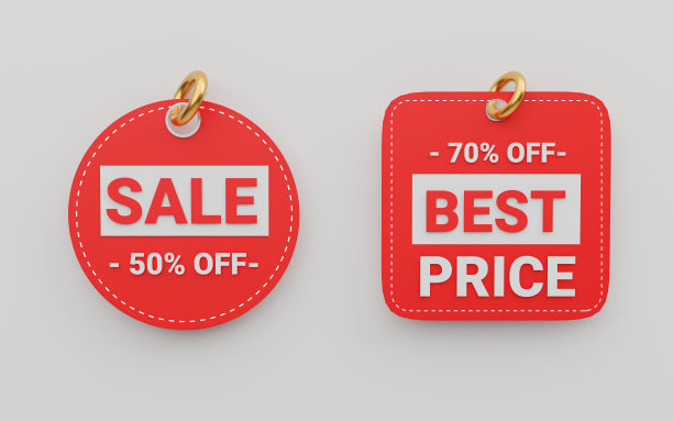 各种现实的红色价格标签标签金戒指的特殊订单和折扣购物促销的销售概念由3d渲染插图。图片下载
