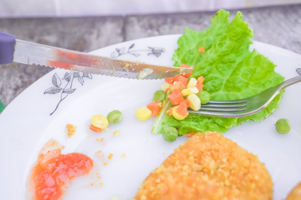 木桌上陶瓷盘子上的牛排特写照片。炸鸡排配番茄酱和什锦蔬菜图片下载