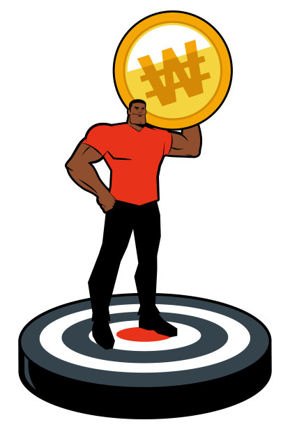 一个强壮的男人微笑，一手叉腰，肩上扛着一枚大额货币硬币，站在一个大的目标飞镖盘上图片下载