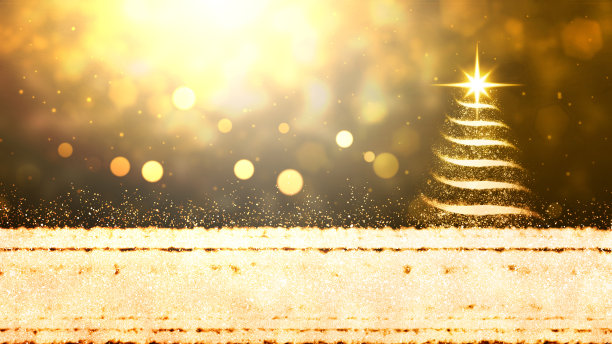 空灵闪闪的金属金色青铜和深褐色的水平节日圣诞背景与抽象设计闪亮的金属条纹华丽的棕色圣诞树与一颗闪烁的星星在其顶部和神奇的效果复制空间在底部图片下载