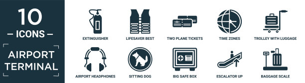 填充机场终端图标集。包含扁平灭火器，救生箱，两张机票，时区，带行李的手推车，机场耳机，坐狗，大保险箱，自动扶梯，行李。图片下载