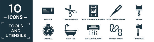 填充工具和器具图标集。包含扁平邮资，开放剪刀，胶片条照片，体温计，螺旋钻，枢机，浴缸，空调，橡皮筋，手斧图标。图片下载