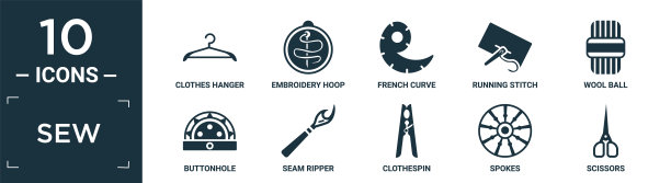 填充缝图标集。包含平衣架，刺绣箍，法国曲线，跑针，羊毛球，扣眼，缝线撕裂器，衣夹，轮轴，剪刀图标在可编辑的格式。图片下载