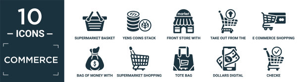 填充商业图标集。包含扁平的超市篮子，日元硬币堆，前商店用遮阳篷，从购物车中取出，电子商务购物车工具，钱袋用美元，超市。图片下载
