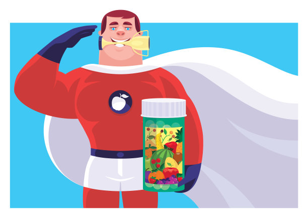 兴高采烈的超级英雄拿着维生素瓶敬礼图片下载