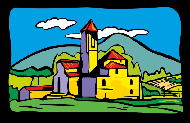 有别墅、树木、田野和山丘的乡村景观。平面向量图片下载