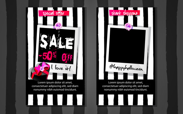 以卡通风格的万圣节购物概念。即时打印照片与礼物和地方的文字在抽象条纹黑色和白色背景。时尚的宣传册模板。图片下载