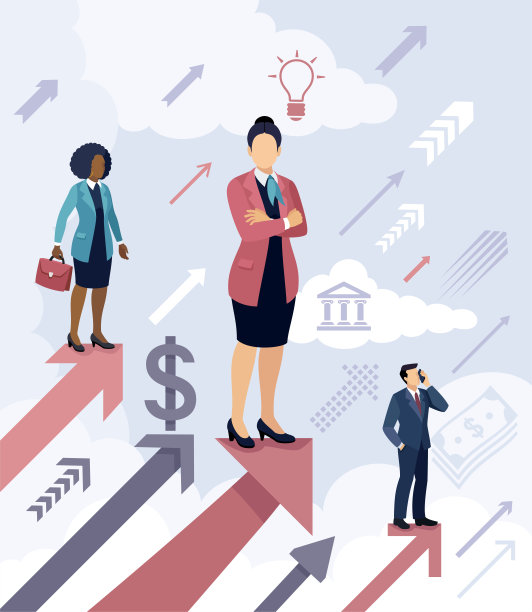 一群多民族的商人站在箭头上走向事业上的成功。经营理念。图片下载