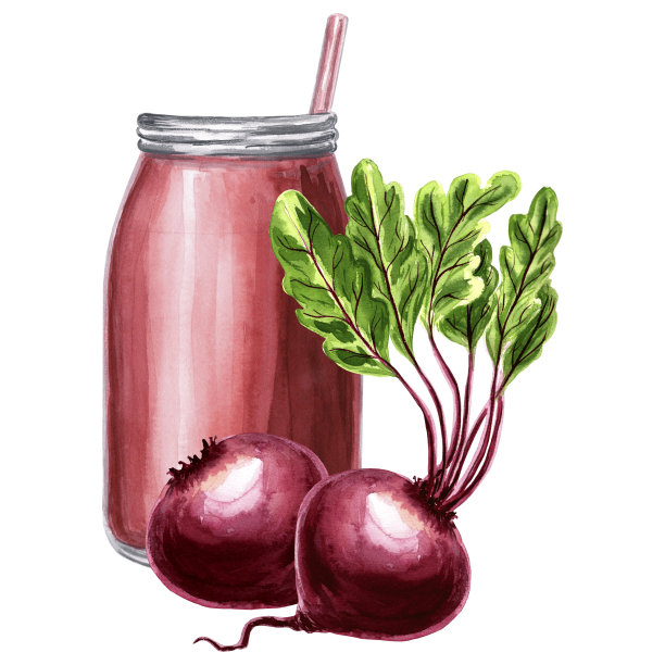 水彩插图的瓶子与红色果汁和甜菜根。图片下载