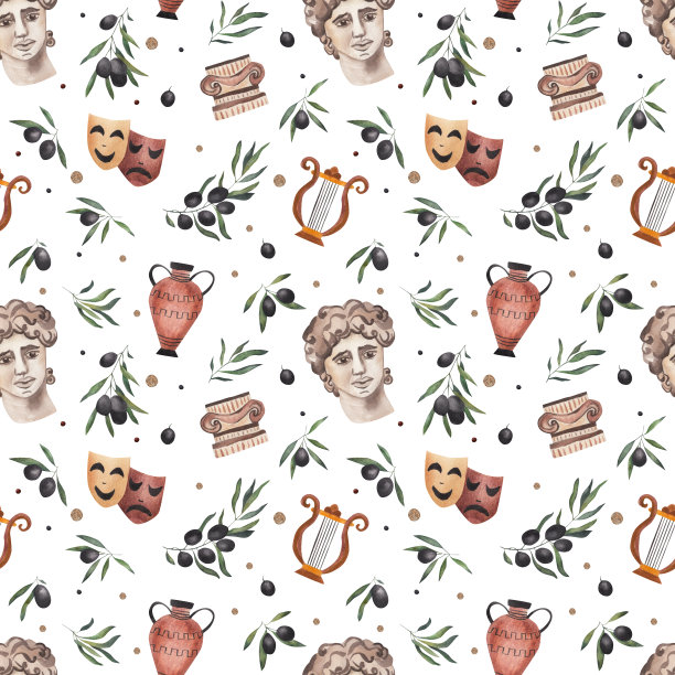 古希腊。阿波罗半身像。橄榄枝。水彩插图。无缝模式图片下载