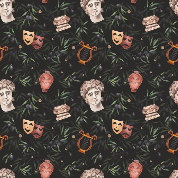 古希腊。阿波罗半身像。橄榄枝。水彩插图。无缝模式图片下载