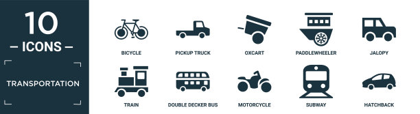 填充运输图标集。包含平面自行车，皮卡车，牛车，桨轮，老爷车，火车，双层巴士，摩托车，地铁，掀背图标在可编辑的格式。图片下载