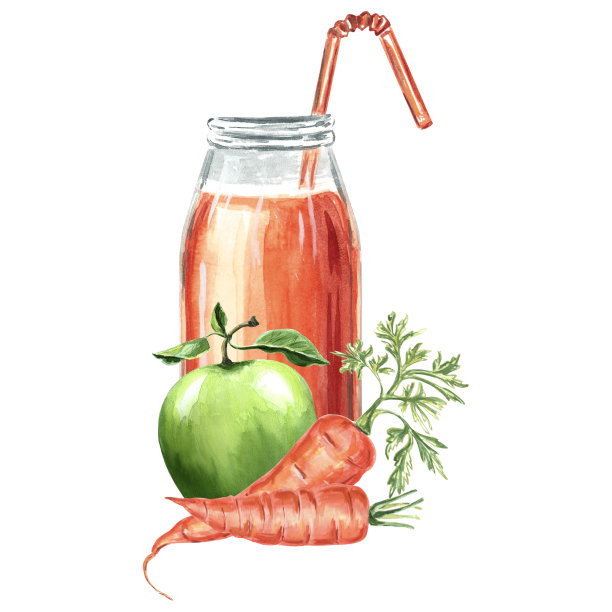 橙色瓶子，胡萝卜和苹果的水彩插图。图片下载