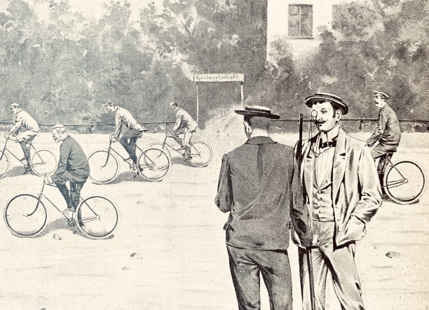 两个男人在后面的路上谈论骑自行车的人图片下载