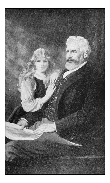 古董绘画照片:男子肖像和女儿图片下载