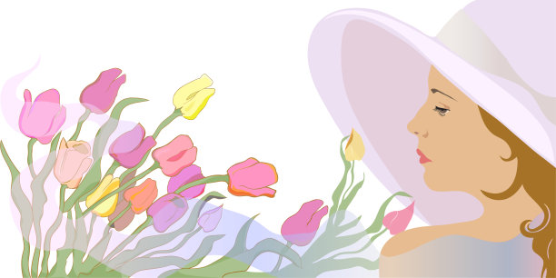 时尚的向量插图寓言春天水平肖像侧面一个美丽的年轻女子戴着白色的帽子长头发与一大束郁金香孤立在白色的背景图片下载
