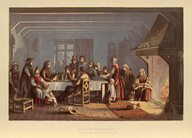 一群人聚集在一个温暖的火在黑暗的冬天的夜晚，维多利亚，19世纪的艺术图片下载