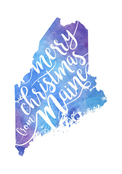 圣诞快乐缅因州栅格水彩地图插图图片下载