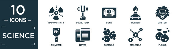 填充科学图标集。包含平面放射性，音叉，键，燃烧器，爱因斯坦，ph计，笔记，公式，分子，烧瓶图标在可编辑的格式。图片下载