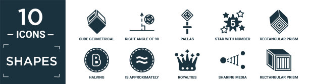 填充形状图标集。包含平立方几何，直角90度，天神，星与五号，矩形棱镜，对半，约等于，版税，共享媒体，。图片下载