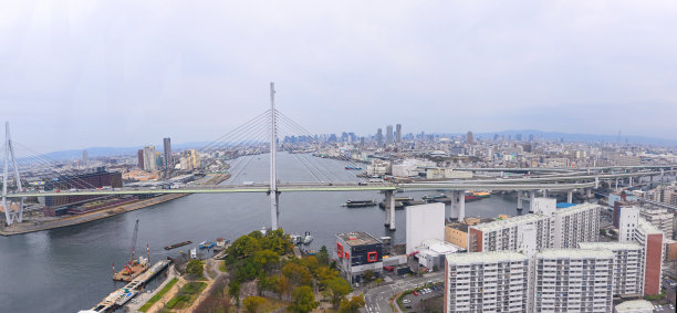 日本大阪市与天保山大桥的全景照片图片下载