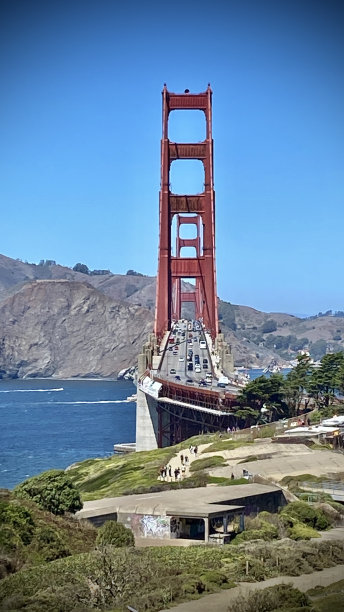 从金门大桥向北看，红色的北塔被框定在南塔内——从马林海岬眺望。图片下载