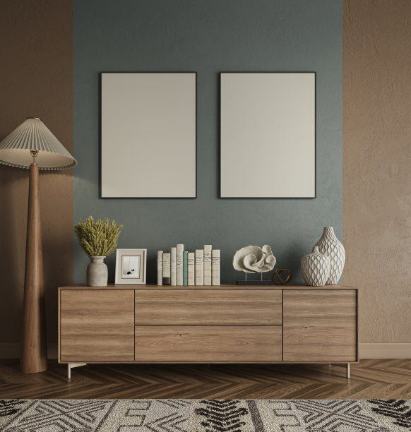 客厅内部装饰着典雅的墨绿色墙面和现代感十足的家具，舒适与优雅和谐交融，3d渲染图片下载