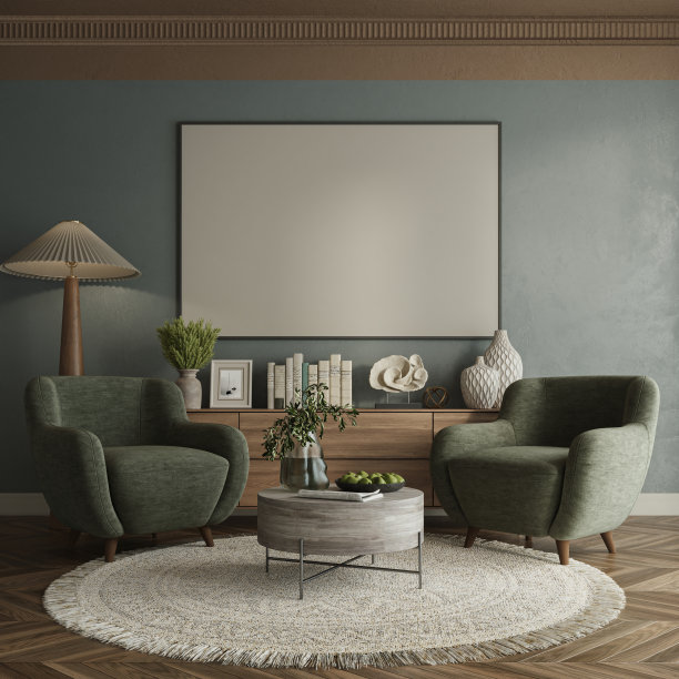 客厅内部装饰着典雅的墨绿色墙面和现代感十足的家具，舒适与优雅和谐交融，3d渲染图片下载