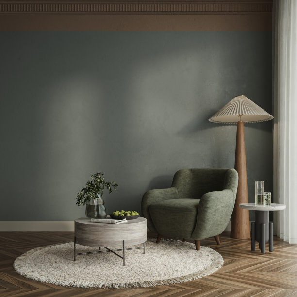 客厅内部装饰着典雅的墨绿色墙面和现代感十足的家具，舒适与优雅和谐交融，3d渲染图片下载