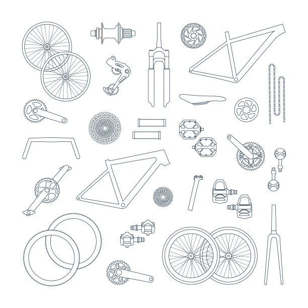 一组元素，月球车的零件，砾石，公路自行车在涂鸦线风格图片下载