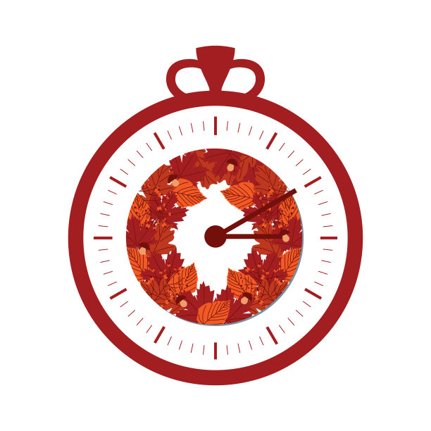 时钟切换到冬季时间。夏令时结束。一个时钟在秋天橙色树叶的花框里，向后转了一个小时。平坦的插图。图片下载