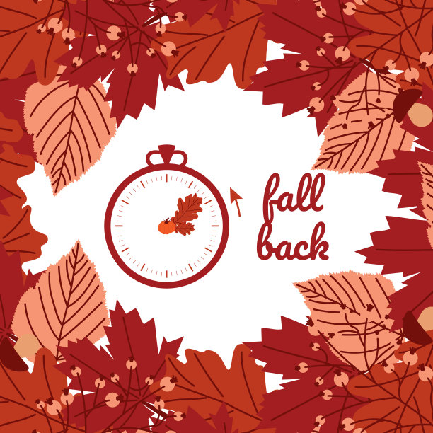 时钟切换到冬季时间。夏令时结束。一个时钟在秋天橙色树叶的花框里，向后转了一个小时。平坦的插图。图片下载
