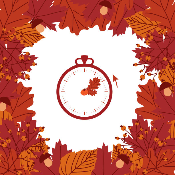 时钟切换到冬季时间。夏令时结束。一个时钟在秋天橙色树叶的花框里，向后转了一个小时。平坦的插图。图片下载