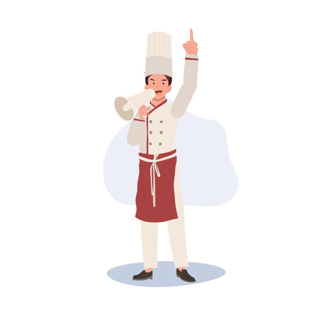 全长厨师插图。自信的男厨师拿着扩音器。专业厨师用扩音器播报。平面矢量卡通插图图片下载